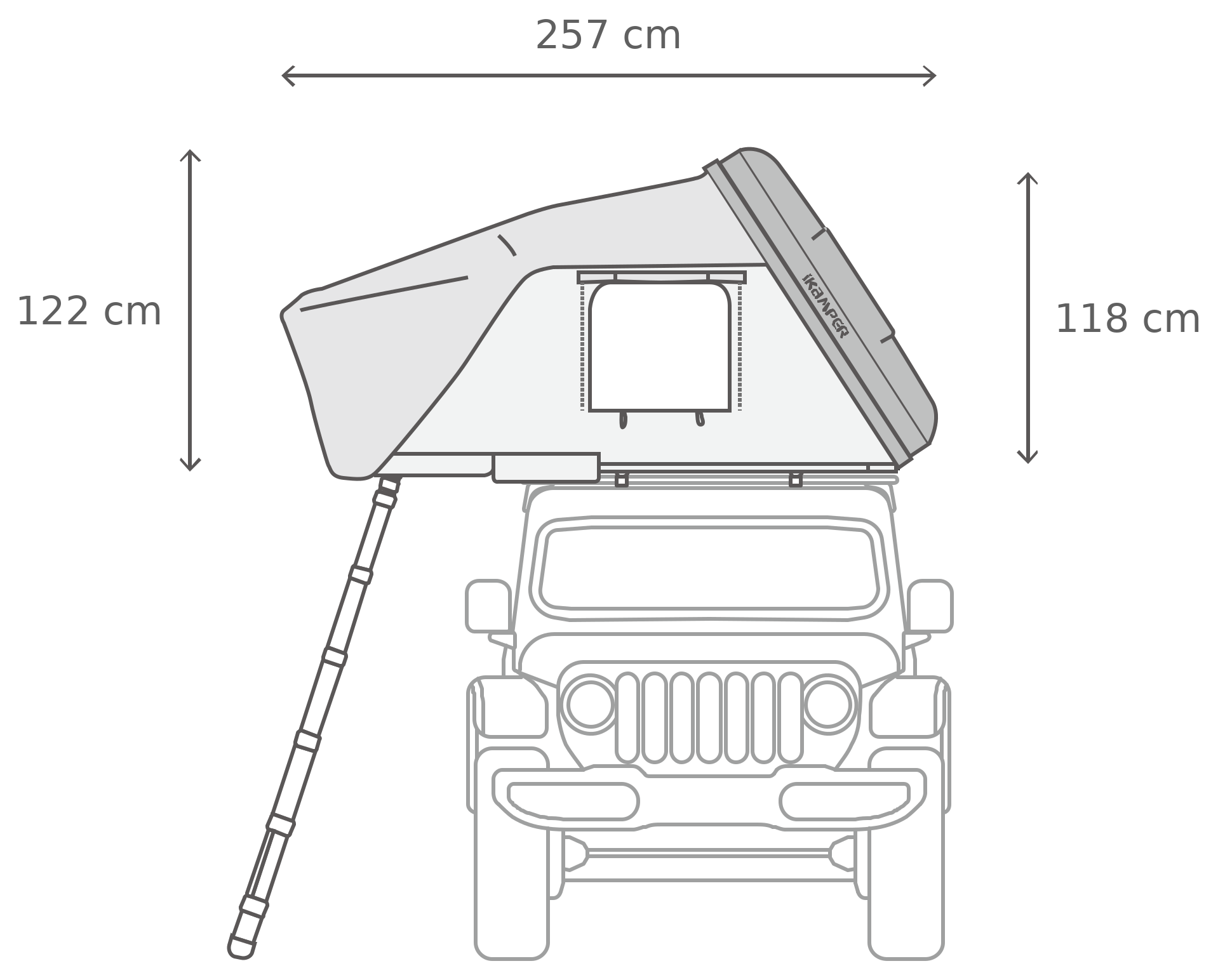 Skycamp 3.0 Mini – Avattuna, edestä (130 x 210 x 122 cm)