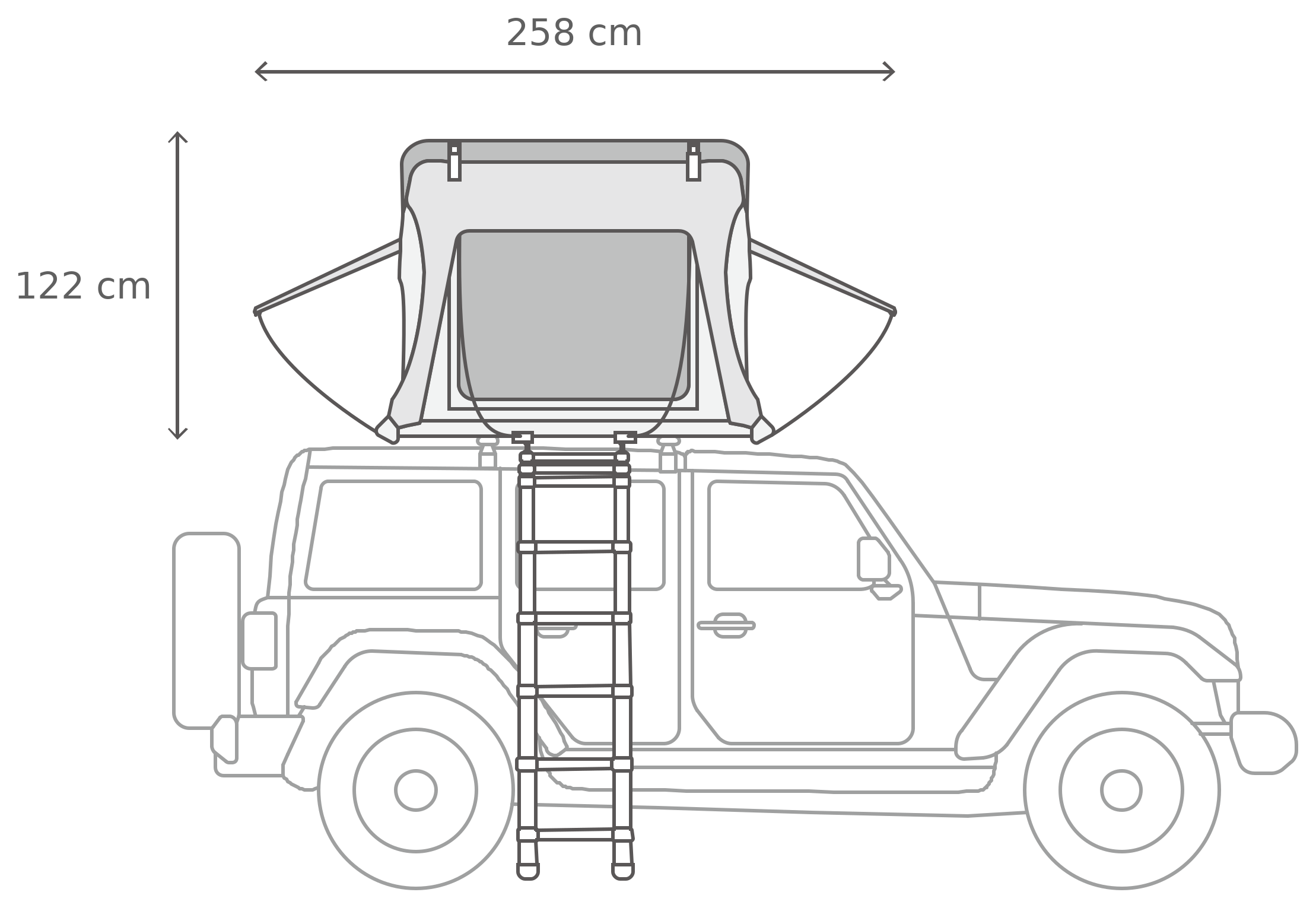 Skycamp 3.0 Mini – Avattuna, sivulta (130 x 210 x 122 cm)