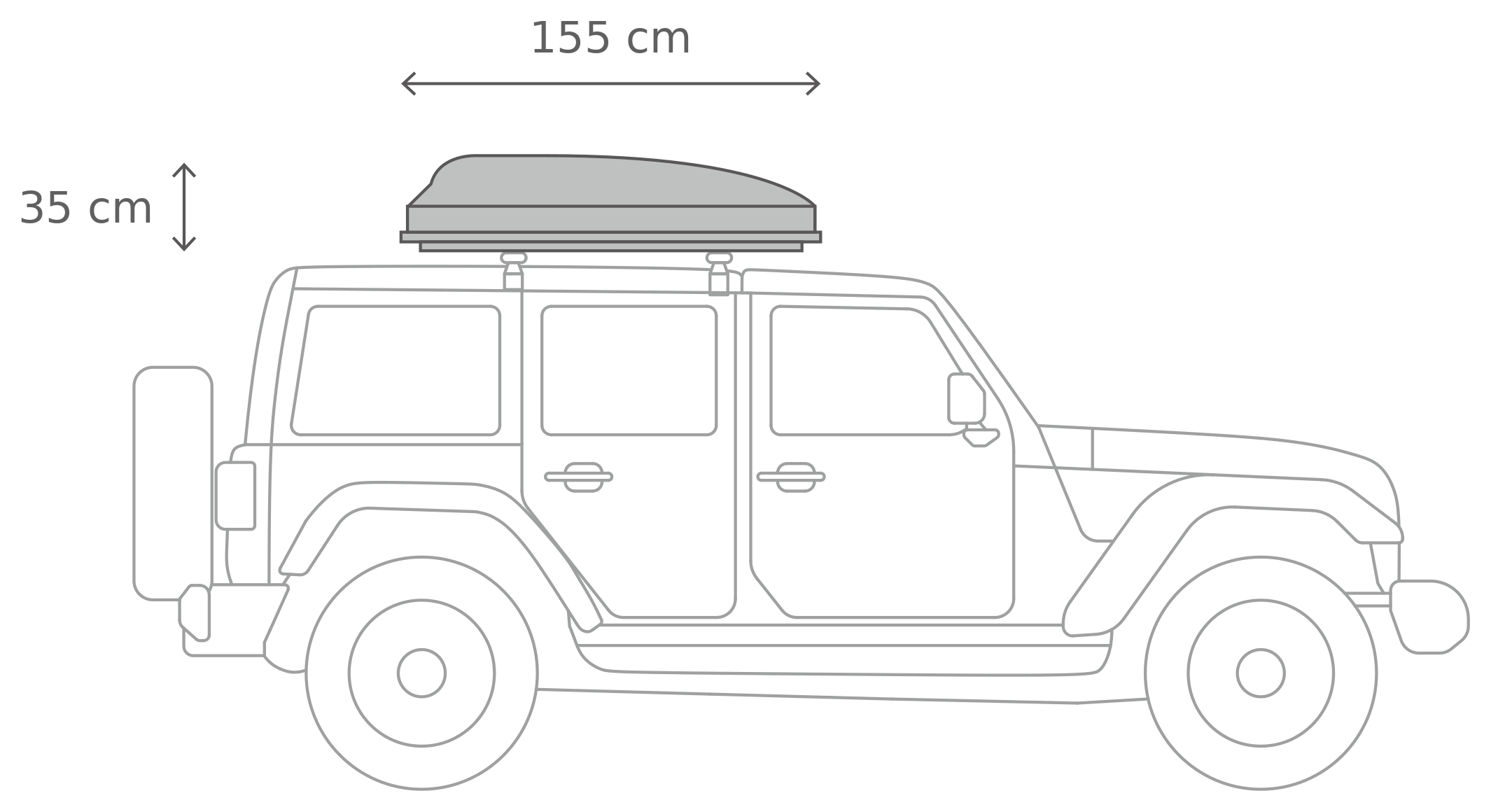 Skycamp 4.0 Duo – Suljettuna, sivulta (155 x 133 x 35 cm)